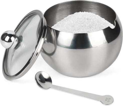 asika Stainless Steel Sugar Bowl with Clear Lid and Spoon, Drum Shape Small Condiment Container for Home, 8.1 Ounces