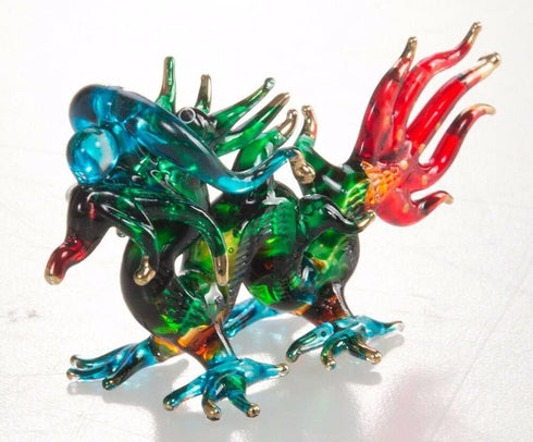Tiny 3¼" Green Blue Red Chinese Asian Dragon Figurine, Miniature Hand Blown Glass Painted Collectible