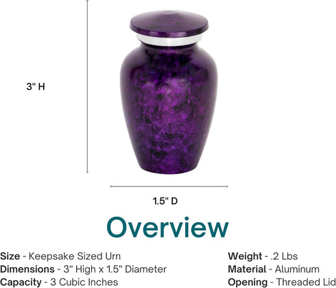 Keepsake Cremation Urn for Ashes, Aluminum Purple Urn, 3 Inches High, Keepsake Sized