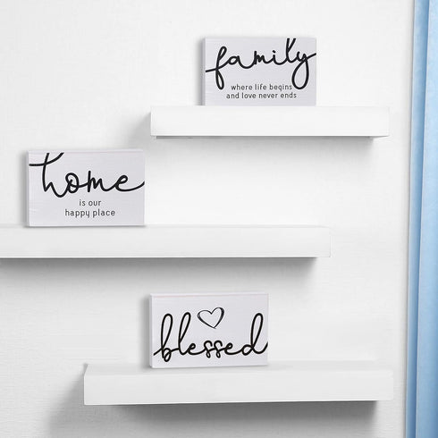 Jetec 3 Pcs Blessed Family Home Rustic Wood Sign, Mini Decorative Farmhouse Table Decor, White