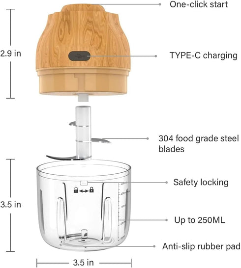Electric Mini Food Chopper, 250ML, Compact Wireless Processor for Garlic, Fruit, Vegetable, Ginger, Chili, Meat, Wood