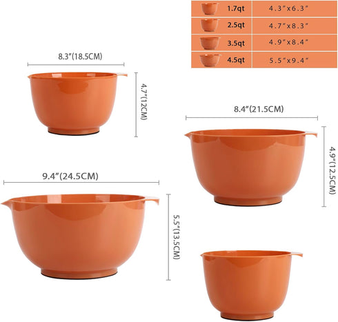 BoxedHome 4 Piece Nesting Plastic Mixing Bowl Set, Mixing Bowls with Pour Spouts, Size 1.7, 2.5, 3.5 and 4.5qt for