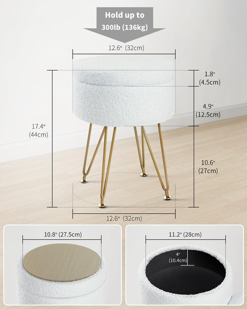 UASND51W ABHENG Storage Ottoman Round Footrest Stool, Vanity Stool Chair Faux Teddy Fur with Storage, Modern