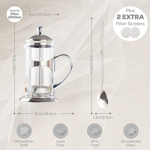 DUJUST Silver French Press Coffee Maker, Luxury Design with 4-Level Filter System, 34oz