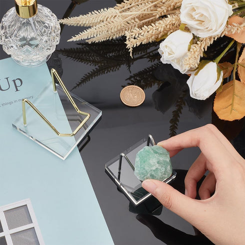 FINGERINSPIRE Acrylic Stone Display Stand - 2x2x1.6inch Square Base with Platinum Iron Arm for Gemstones