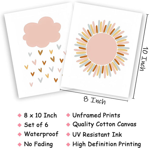 Set 6 8x10 Inch, FSZSEES Girls Room Wall Art Prints of Nursery Wall Decor Boho Sun Rainbow Canvas Prints You Are Loved