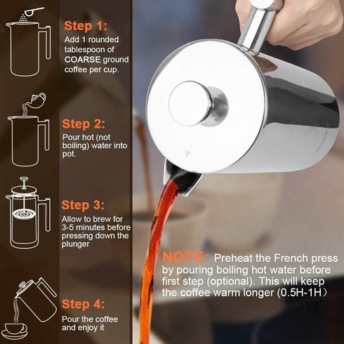 Secura French Press Coffee Maker, 34oz, 304 Grade Stainless Steel, Insulated, 2 Extra Screens