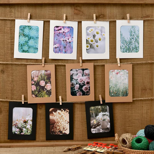 AKOAK 30 Pcs DIY Kraft Paper Cardboard Photo Frame with Wooden Clips and String - 5" x 7" in White/Black/Brown