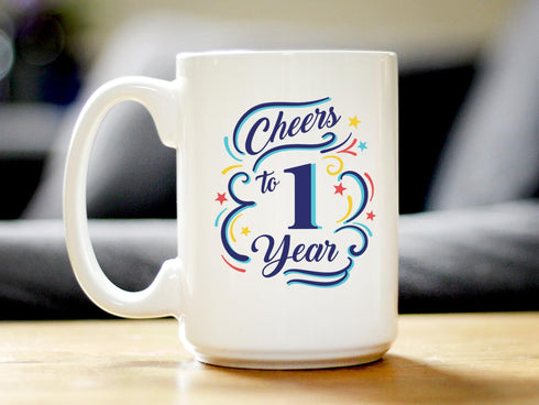 Cheers to 1 Years - Coffee Mug Gifts for Women & Men - 1st Anniversary Party Decor - Large 15oz White Ceramic Mug