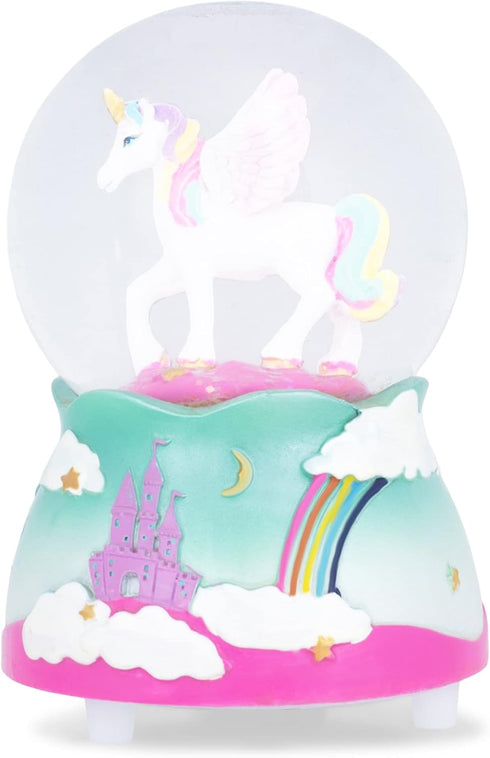 Elanze Designs 80MM Flying Rainbow Unicorn Musical Glitter Water Snow Globe, Plays Tune, Tabletop Decoration