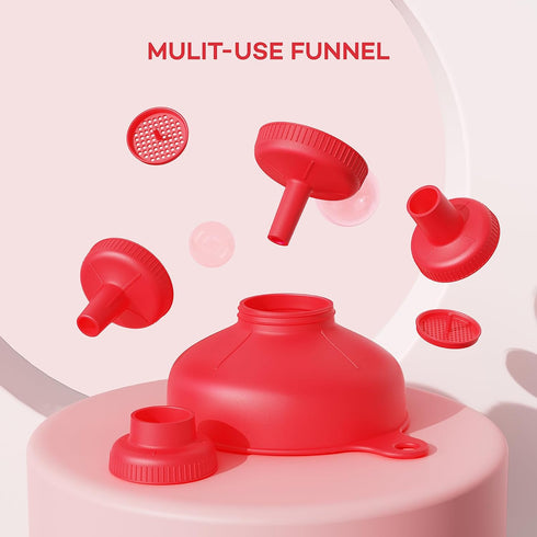 Wide Mouth Funnel Set for Kitchen Use, Food Grade Plastic Canning Funnels with 4 Size Spouts & 2 Strainers, Red