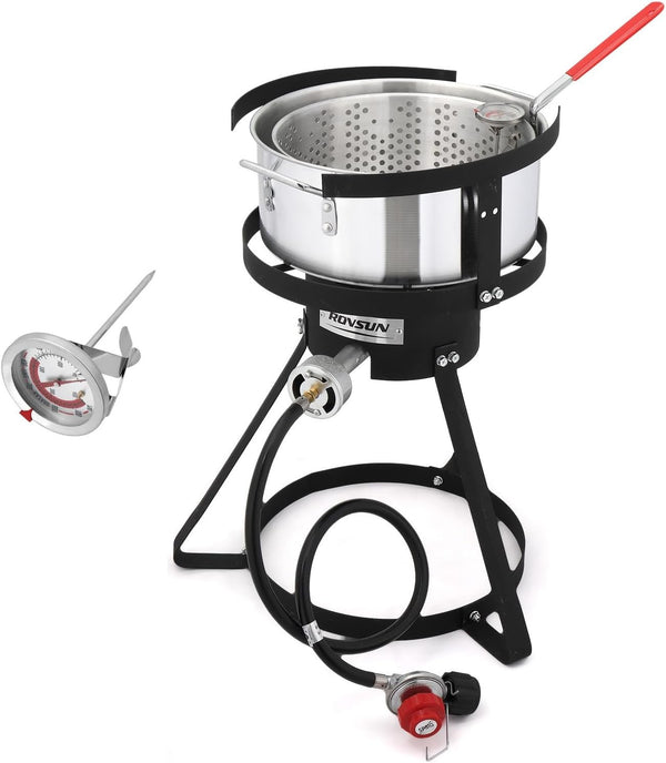 ROVSUN 10Qt Fish Fryer Pot with 55,000 BTU Propane Burner, 6.7Qt Strainer