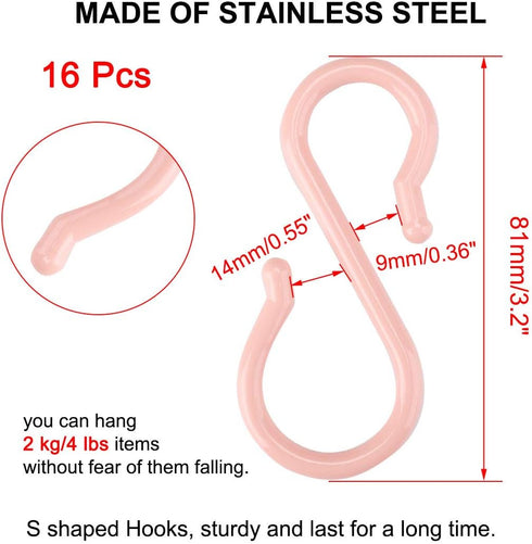 uxcell 16 Pack S Shaped Hooks Plastic Hanger for Kitchen Bathroom Closet Holder Pots and Pans Cups Utensils Coats Towels Hanging Pink by uxcell