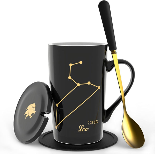 Leo Gifts for Women 15oz Ceramic Coffee Mug with Lid, Spoon, Coaster, Astrology Tea Cup (Black-Gold)