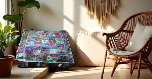 35 inches, CRAFT KALA Indian Square Patchwork Traditional Pouf Cover Indian Living Room Poufs Decorative Embroidered