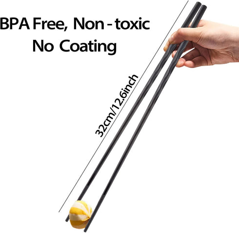 2 Pairs 12.6 Inches Cooking Extended Chopsticks, Reusable Fiberglass for Kitchen Noodles, Hotpot, Black