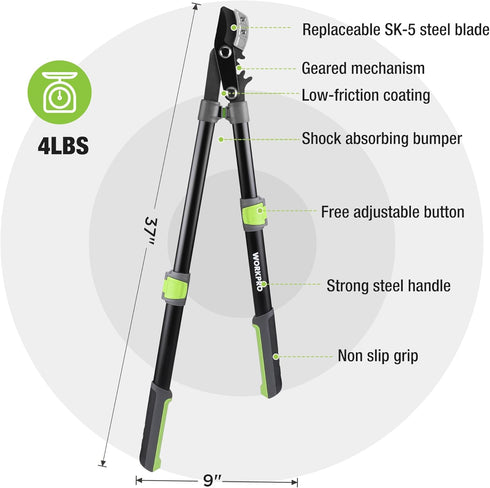 WORKPRO Extendable Anvil Lopper, 25-37" Branch Cutter, 1.6" Cutting Capacity, Heavy Duty Garden Tree Trimmer