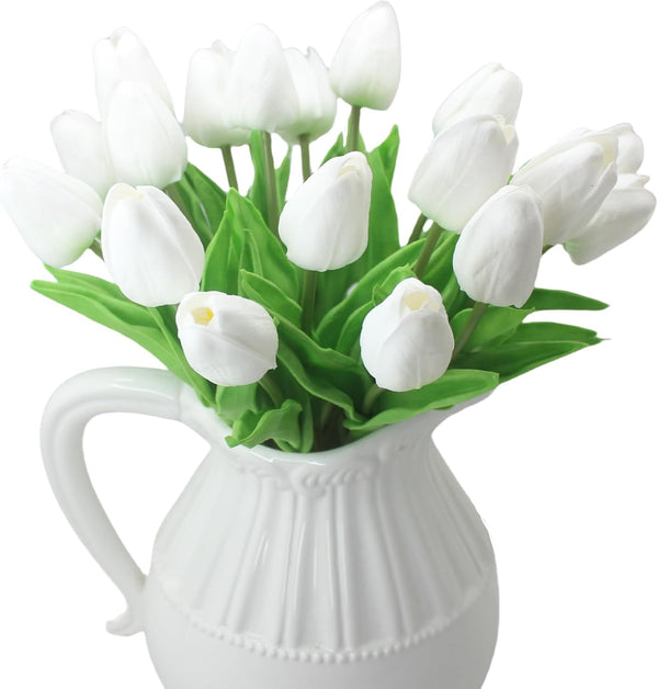 Artificial Tulips 10 Heads Mini Real Touch Flowers, Fake Tulip for Home Decor, Wedding Party DIY Bouquet (White)