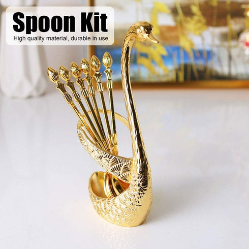 Coffee Spoon Set, 6pcs Stainless Steel Mini Dessert Teaspoons Flatware Creative Espresso Tableware with Swan Base Holder Organizer Household Decoration Dinnerware for Cappuccino Sugar Cake Soup(Gold)