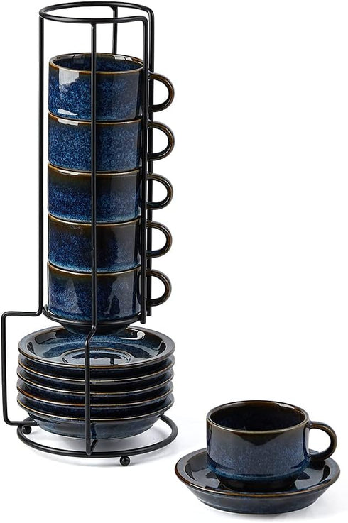 JIEMEI HOME Porcelain Stackable Espresso Cups with Saucers and Metal Stand,4 Ounce