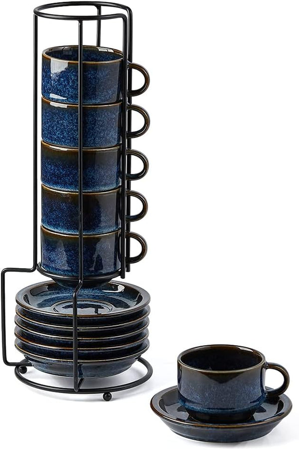 JIEMEI HOME Porcelain Stackable Espresso Cups with Saucers and Metal Stand,4 Ounce