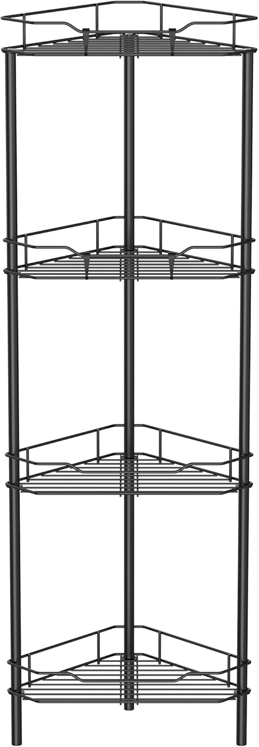 HuggieGems 4 Tier Floor Standing Corner Shower Caddy Organizer Shelf with Hooks, Bathroom