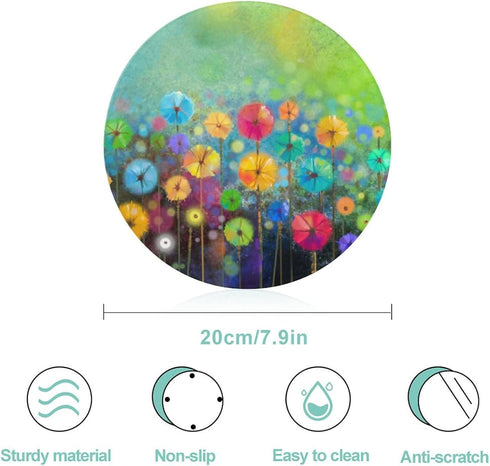 Seasonal Nature Spring Summer Autumn Winter Flowers Pattern Tempered Glass Cutting Board 8" Round Kitchen Decorative Chopping Board Small