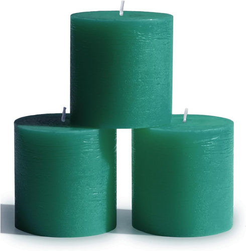 CANDWAX Set of 3 Rustic Unscented 3x3 Pillar Candles - No Drip Green Candles for Home Decor
