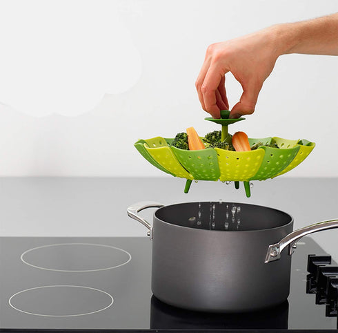 Lotus Folding Steamer Basket - BPA-Free Green Kitchenware Accessory, Non-Scratch Silicone Cookware