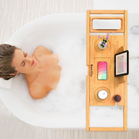 Premium Bamboo Bathtub Tray Caddy - Expandable Bath Tray Table for Most Bathtubs