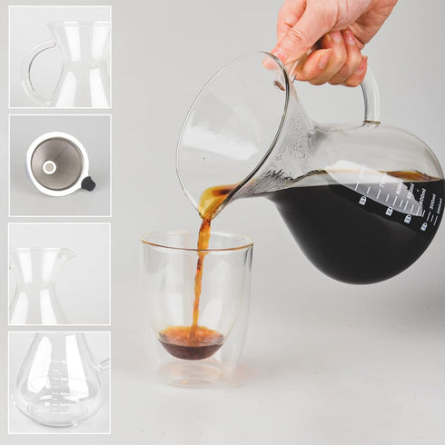 T-mark Pour Over Coffee Maker, 600ml/20oz, Reusable Double-layer Stainless Steel Filter, BPA-Free Glass Coffee Carafe