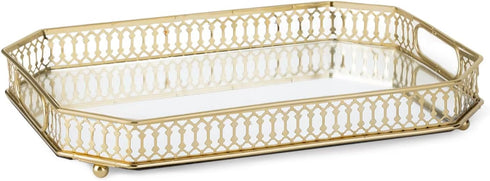 TEITEAI Bar Cart Tray, Decorative Mirrored Tray with Handles, Large Capacity Organizer, Gold