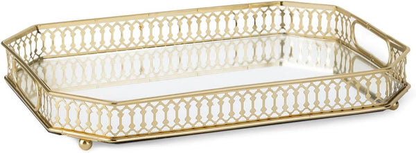 TEITEAI Bar Cart Tray, Decorative Mirrored Tray with Handles, Large Capacity Organizer, Gold
