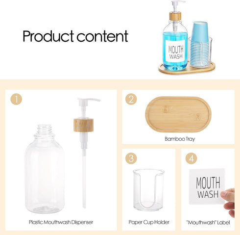 17oz Mouthwash Dispenser with Cup Holder, Plastic Mouth Wash Pump Bottle with Tray for Bathroom Organizers, Refillable