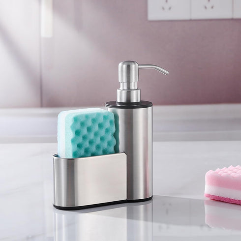 CHBKT 12 oz Countertop, Kitchen Soap Dispenser with Sponge Holder, Dish Soap Dispenser for Kitchen Sink Stainless Steel
