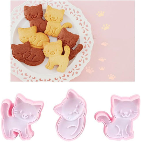 Cookie Cutters Cat Shape, 3PCS Animal Cookie Stamps for Baking, Pink