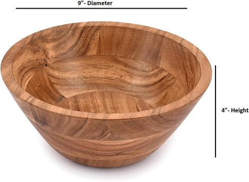 Acacia Wood Salad Bowl, Perfect Decorative Centerpiece for Salad and Vegetables (9" x 9" x 4")