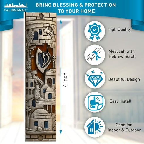 TALISMAN4U Silver Enamel Jewish MEZUZAH CASE with Scroll, 4 Inch Jerusalem Israel Judaica Door Mezuza