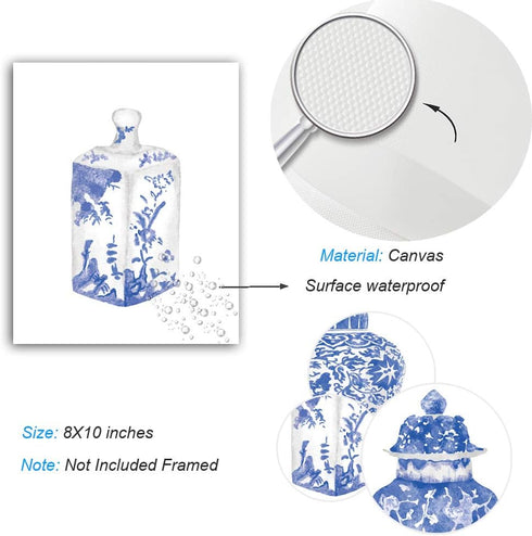 Chinoiserie Wall Art Print, Set of 6 Chinese Blue White Porcelain Vase Canvas Prints for Bedroom or Study Decor