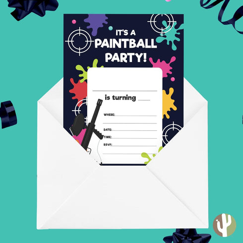 Desert Cactus Paintball Happy Birthday Invitations Style 2 Invite Cards (10 Count) with Envelopes for Kids Party