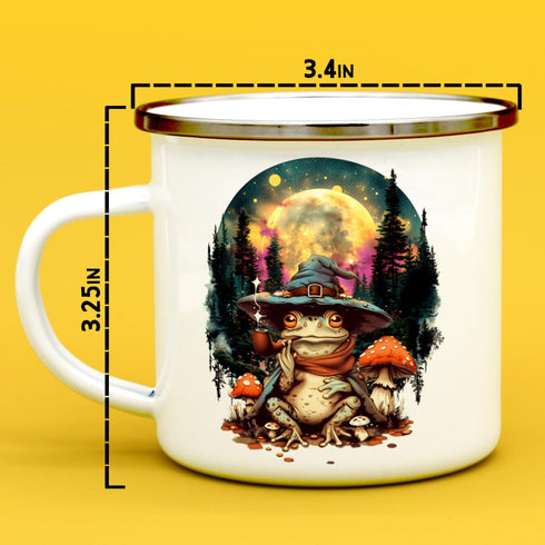 Wizard Frog Enamel Camp Mug, Celestial Nature Outdoor Camping Coffee Cup, Mystical Moon Stars, 12oz Goblinecore Gifts