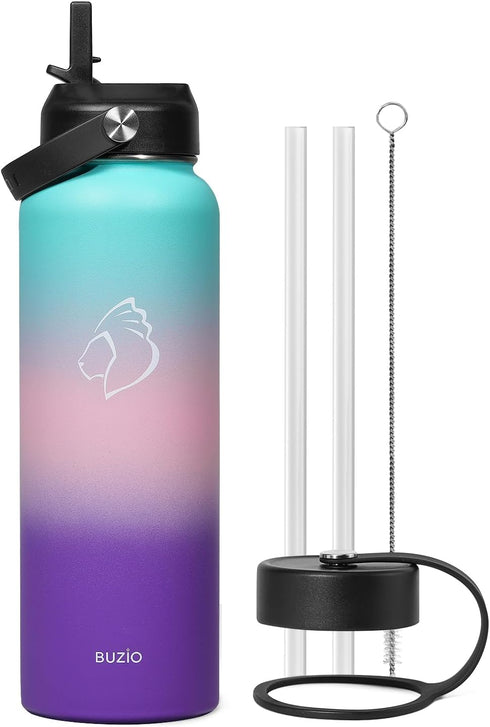 BUZIO 40oz Insulated Water Bottle, Stainless Steel Double Wall Flask, Leak Proof Sports Jug with Straw Lid