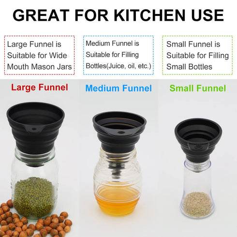 3 Sizes Kitchen Funnel Set, Food Grade Silicone Collapsible Funnels for Filling Bottles, Liquid & Powder Transfer