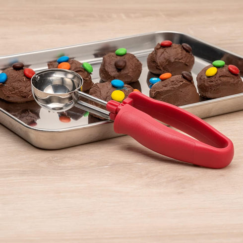 Restaurantware Comfy Grip 1.8 Ounce Portion Scoop: Ambidextrous Stainless Steel Disher with Ergonomic Handle