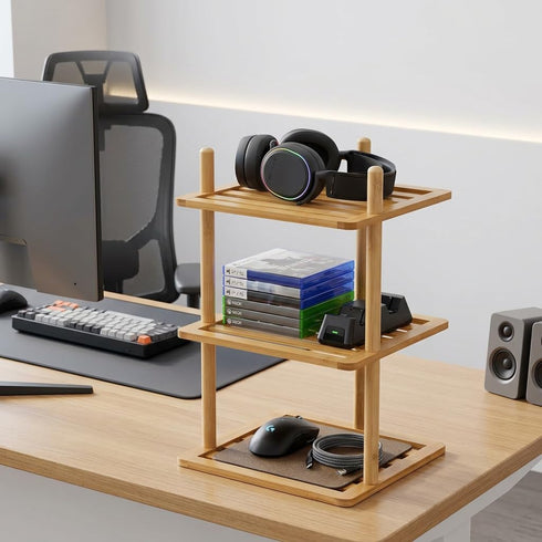 3-Tier Counter, Countertop(1, 3Tier-Large-6.7"H) Cabinet Organizer Shelf - Bamboo Corner Rack for Kitchen Cabinet Space