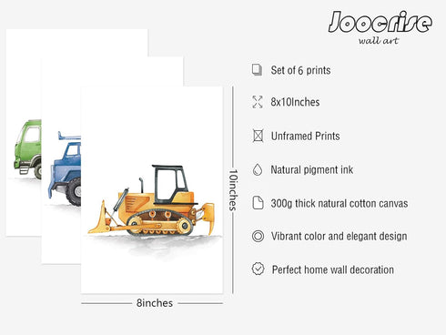 Joocrise Set 6 8x10 Inch Boys Truck Wall Art of Truck Vehicle Canvas Wall Decor Toddler Construction Wall Art