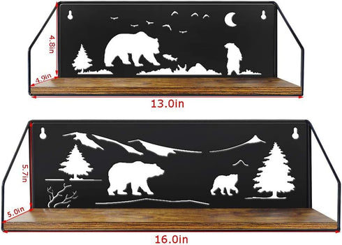 Set 2 Giftgarden Floating Shelves for Wall with Unique Adorable Bears Cutouts, Rustic Wooden Iron Wall Shelf Bear Decor