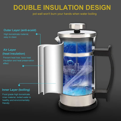 Joyzan French Press Coffee Maker, Stainless Steel Cold Brew Tea Maker, Borosilicate Glass, Portable Filters