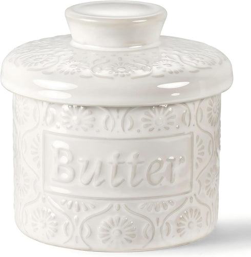 COPORISO Ceramic Butter Crock with Lid, French Butter Dish with Water Line for