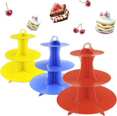 3 Pack 3-Tier Colorful Round Cardboard Cup Cake Holder Stand, Reusable Dessert Tower for Events
